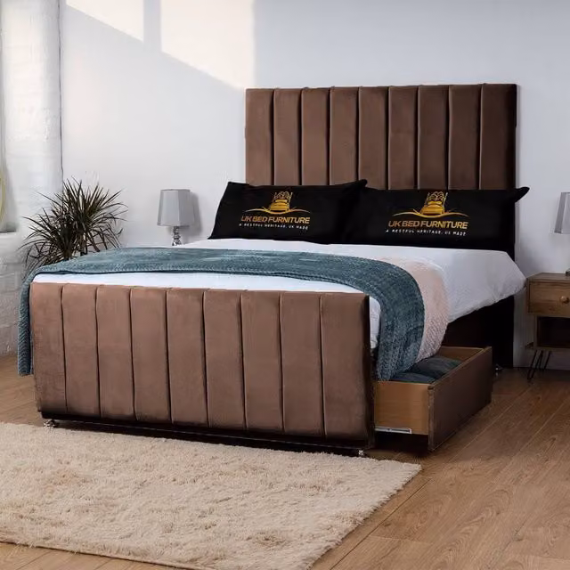 UK Bed Furniture Hampton Divan Bed with 2 Drawers and 26 Inch Headboard in Brown, Small Double, W/D/H: 120 x 200 cm