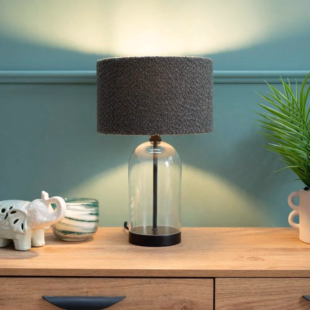 ValueLights Jessy Modern Glass and Black Metal Table Lamp with Grey Fabric Cylinder Shade – 3
