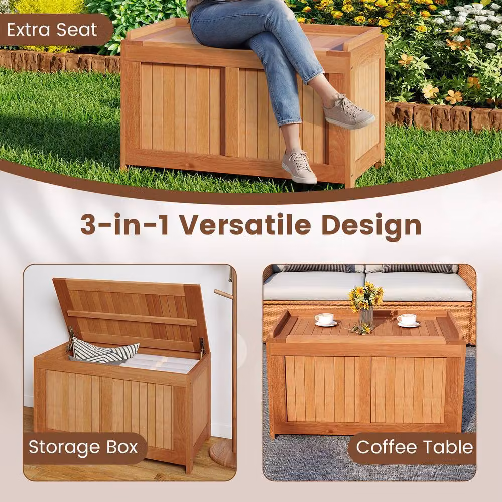 Gymax 190 L Brown Teak Wood Patio Storage Bench Flip Top Deck Box Outdoor Container Chest – 3