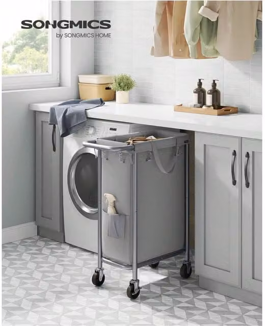 SONGMICS Laundry Basket on Wheels with Removable Fabric Bag and Handles, Grey