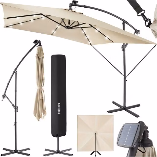 tectake Sunna LED-Solar Cantilever Sunshade with Crank in Beige