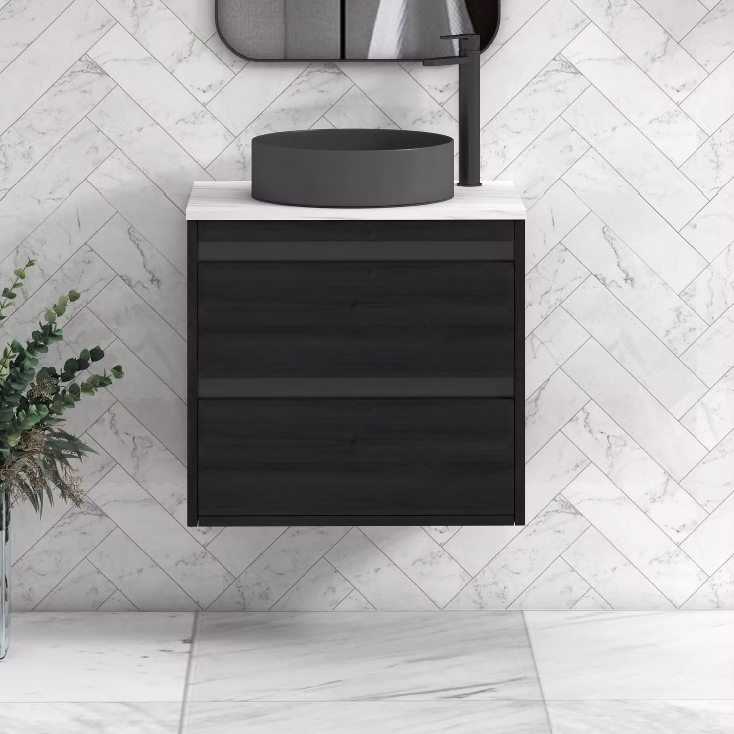 Royal Bathrooms Orion 600mm Hale Wall Hung Vanity Unit with Carrara White Countertop, 2 Drawers, Art Round Basin and Black Accent Trim in Black and White