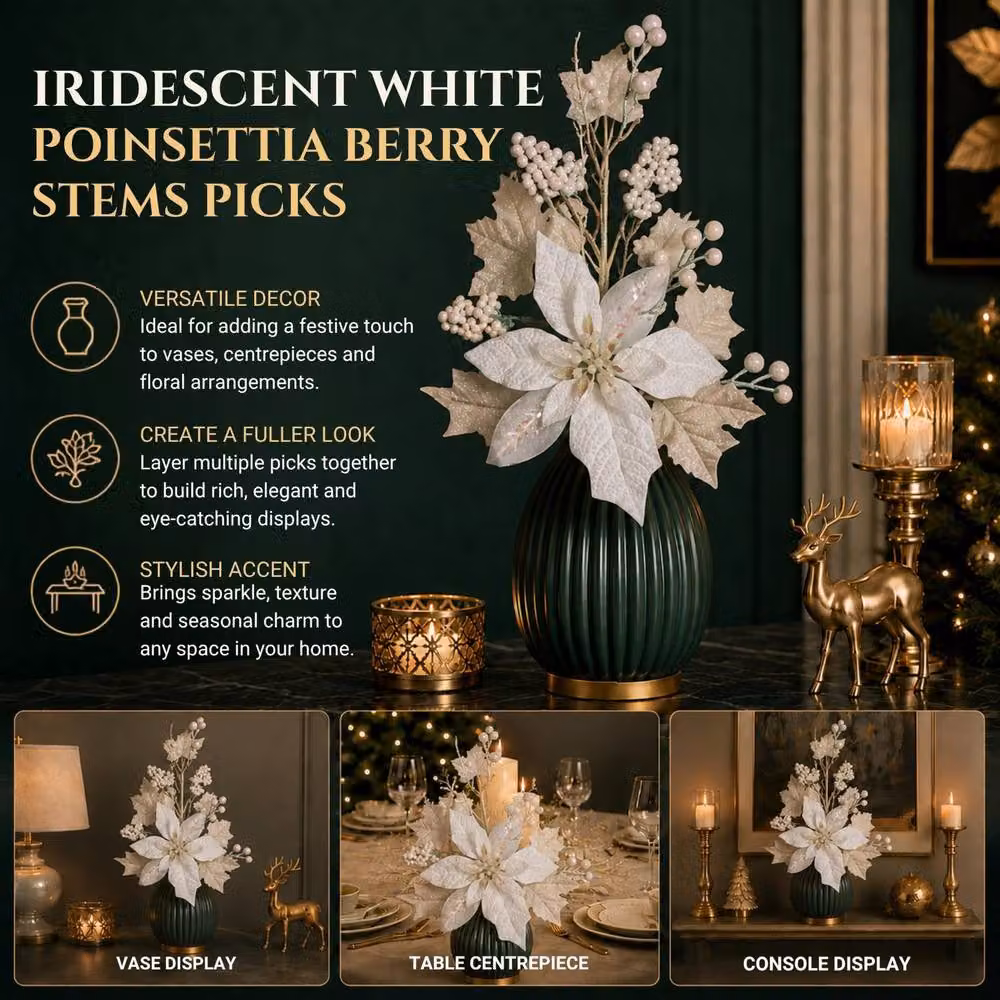 Shatchi Iridescent White Glitter Poinsettia and Berry Christmas Picks, 6 Pack, Height: 46 cm – 3