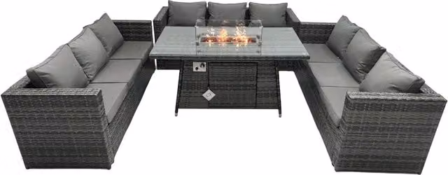 Fimous 9 Seater U-Shape Outdoor Rattan Lounge Sofa Set with Gas Firepit and Dining Table in Dark Grey – 1