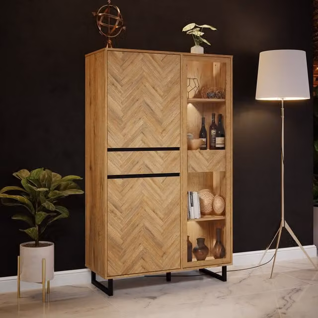 Furniture To Go Nikomedes Mid-Century Display Cabinet in Spica Oak, Matt Black and Bartex Oak with Glass Doors