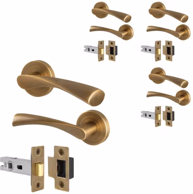 AFIT Antique Brass Door Handle Rose with Latch, 4 Pairs in Bronze, Size: 150 x 150 mm – 1