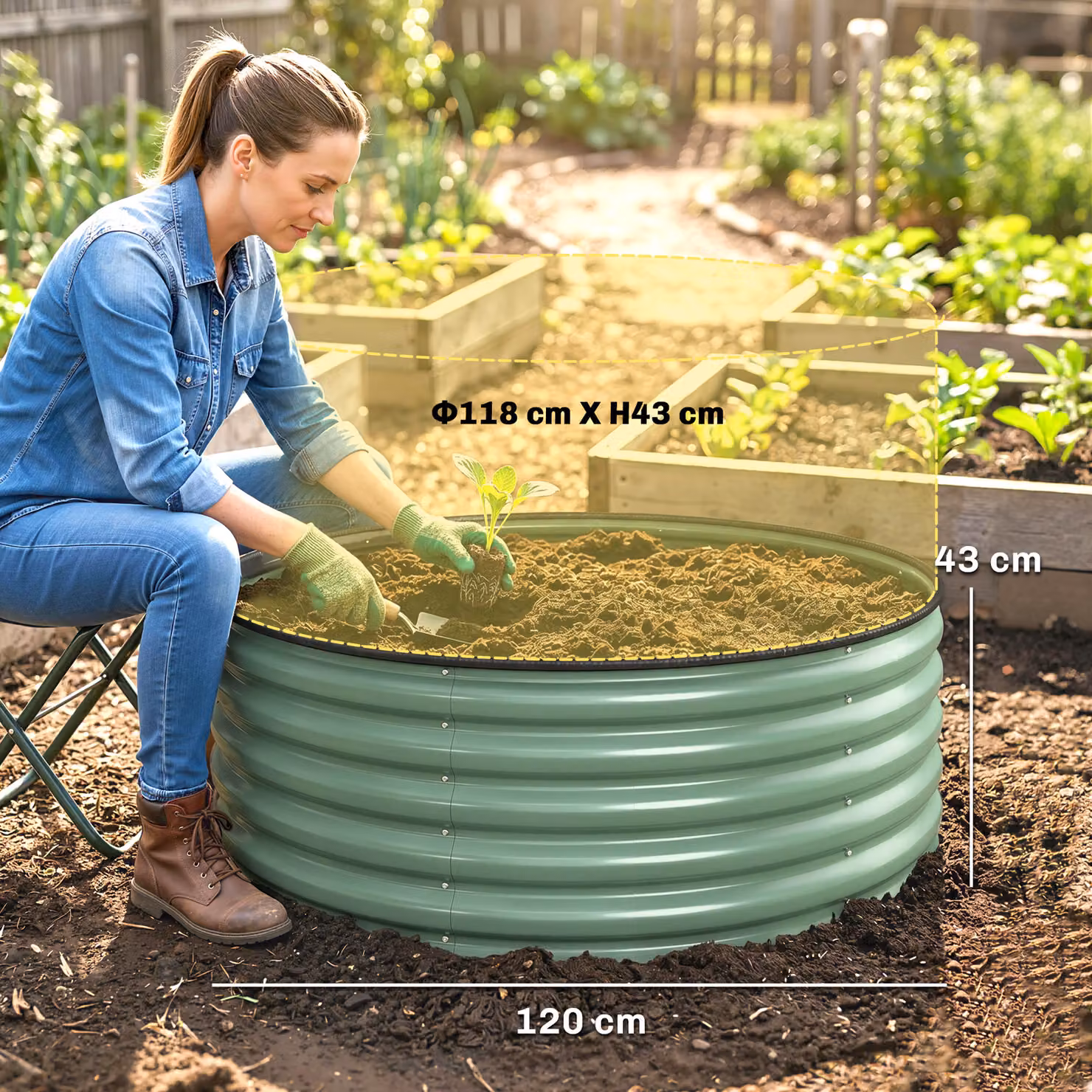 Outsunny Galvanised Steel Raised Garden Bed with Safety Edging in Light Green, W/D/H: 120 x 120 x 43 cm – 3