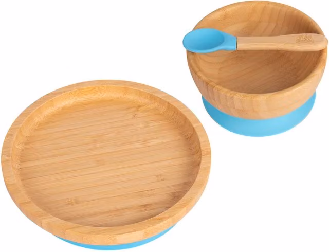 Tiny Dining 3-Piece Round Bamboo and Silicone Baby Weaning Set in Blue – 1
