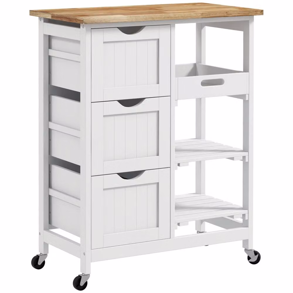 Wyld Haus Compact White Rolling Kitchen Island with Natural Rubberwood Top, W/D/H: 67.0 x 37.0 x 85.5 cm – 2