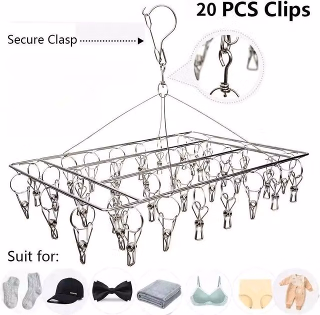 VOGREX 2 Pack Foldable Metal Drying Hanger with 20 Pegs for Socks and Underwear in Silver