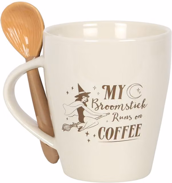 KDMK My Broomstick Runs on Coffee Mug and Spoon Set, White Ceramic