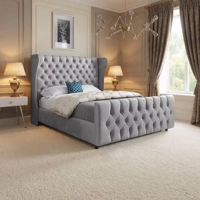 Casani Horley Double Upholstered Velvet Bed Frame in Grey, W/D/H: 140 x 200 cm – 1