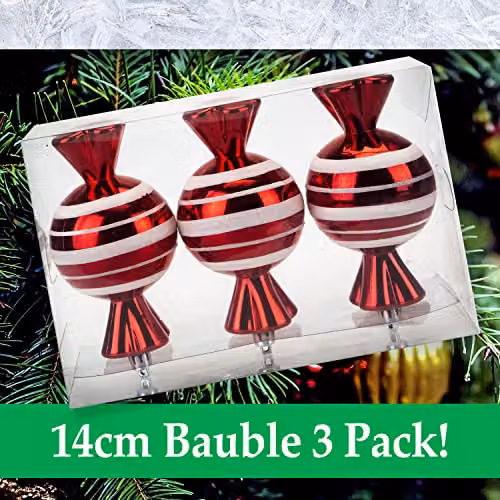 VFM e-Store Red and White Striped Glass Baubles, 3 Pack, Diameter: 14 cm – 7