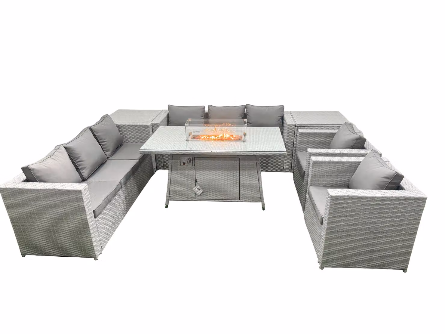 Fimous Light Grey Polyrattan Garden Furniture Set with Gas Fire Pit, U-Shape Lounge Sofa, 3-Seater Outdoor Sofa and 2 Side Coffee Tables – 2