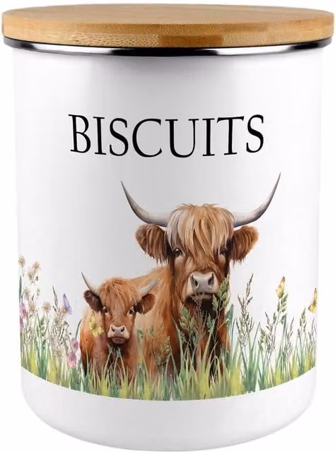 Purely Home Highland Cow and Calf Extra Large Enamel Metal Biscuit Tin in Brown and White
