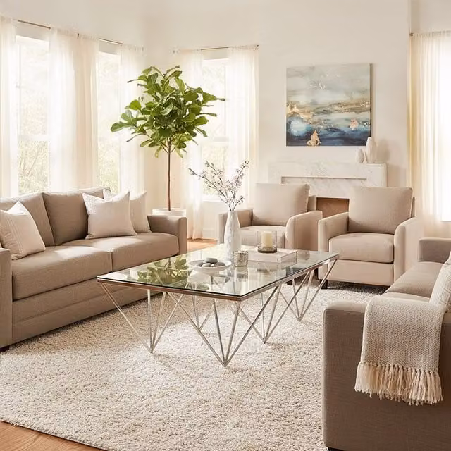 Orsina Modern Spike Triangles Base Coffee Table with Transparent Glass Top in Silver, W/D/H: 120 x 80 x 42 cm