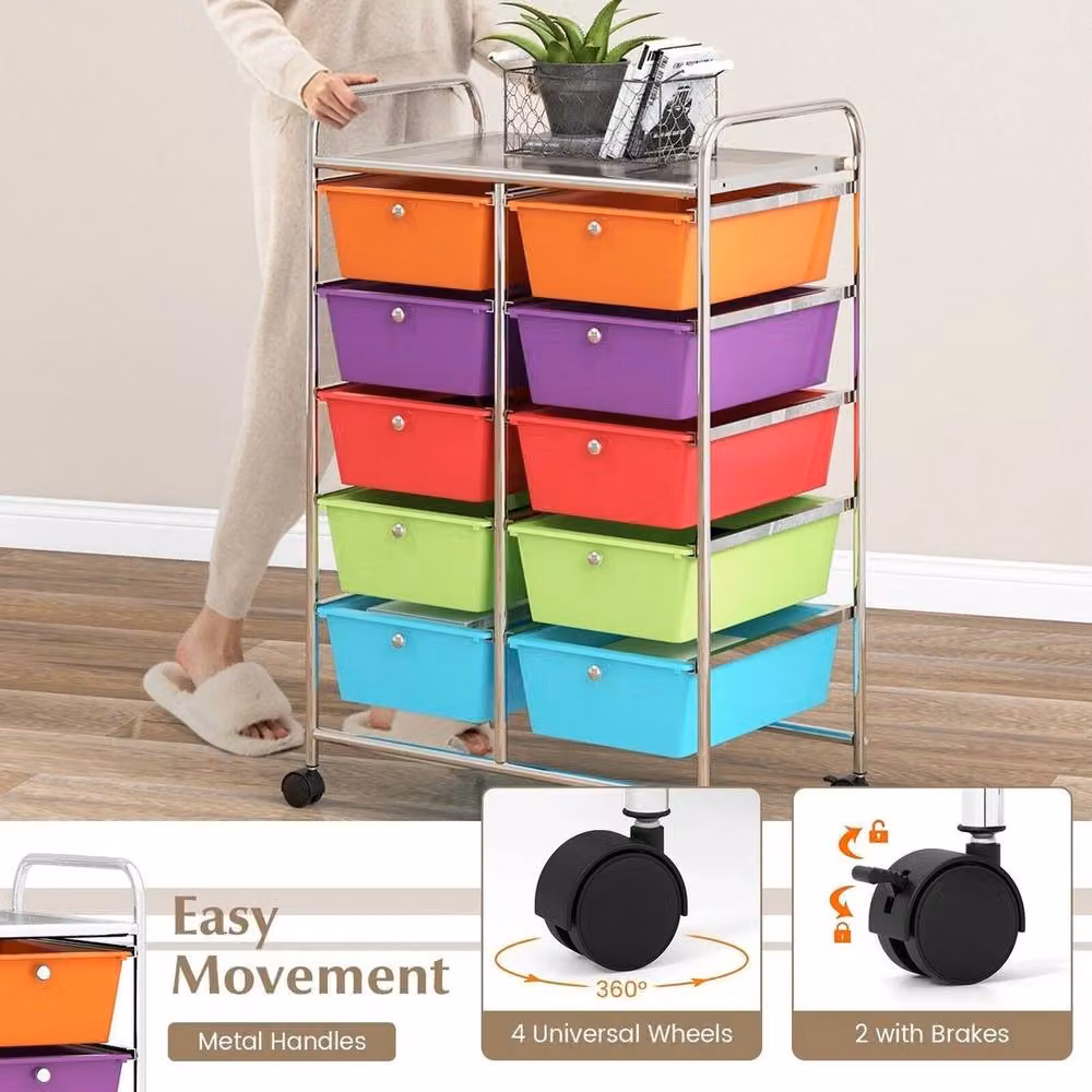 VOGREX 10-Drawer Multicolour Metal Rolling Storage Cart with Castors – 4
