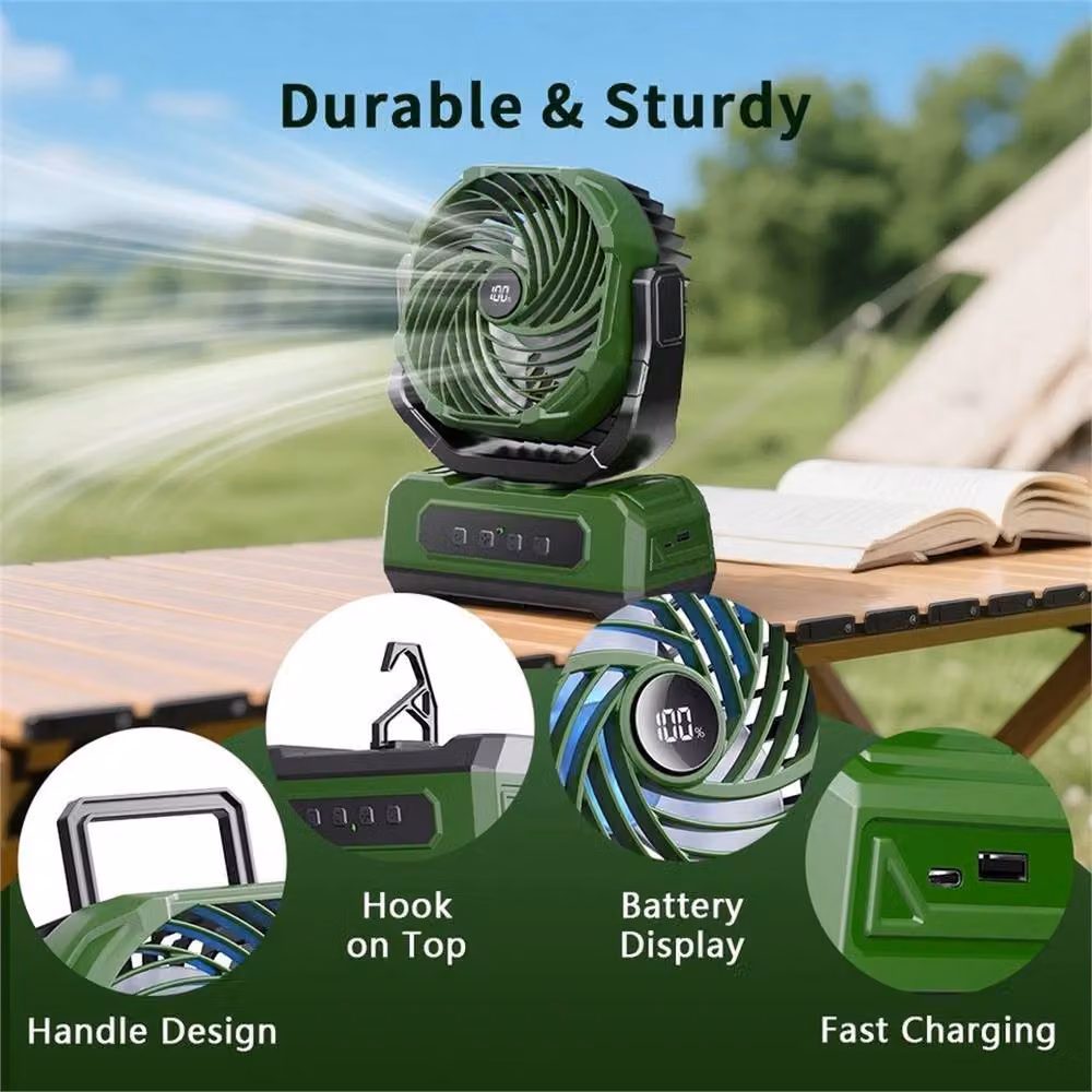 Nordara Rechargeable Portable Camping Fan in Green with Timer, Light and Remote Control – 5