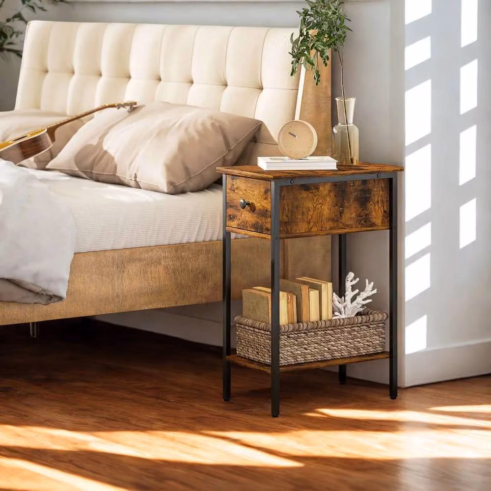 FURNOS 2 Tier Narrow Side End Table with Drawer, Brown and Black Industrial Style, W/D/H: 39.8 x 25.0 x 58.2 cm – 3