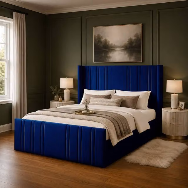 Desire Deco Gerald Blue Plush Velvet Wingback Ottoman Storage Bed Frame, Double (140 x 200 cm)