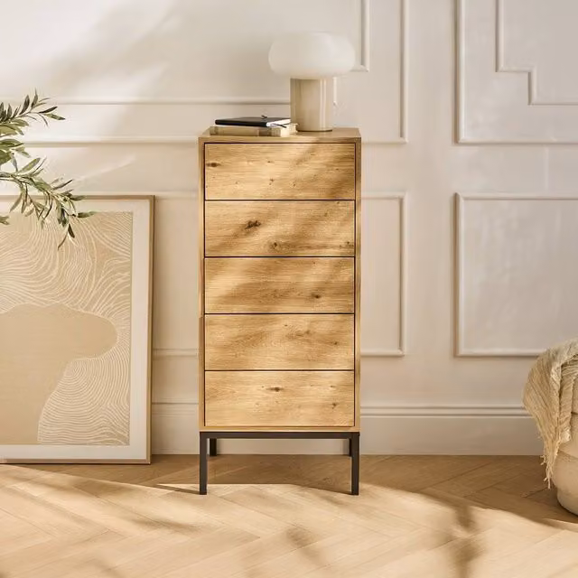 CALICOSY Lenny 5-Drawer Chest with Metal Legs in Light Brown, Height: 100 cm