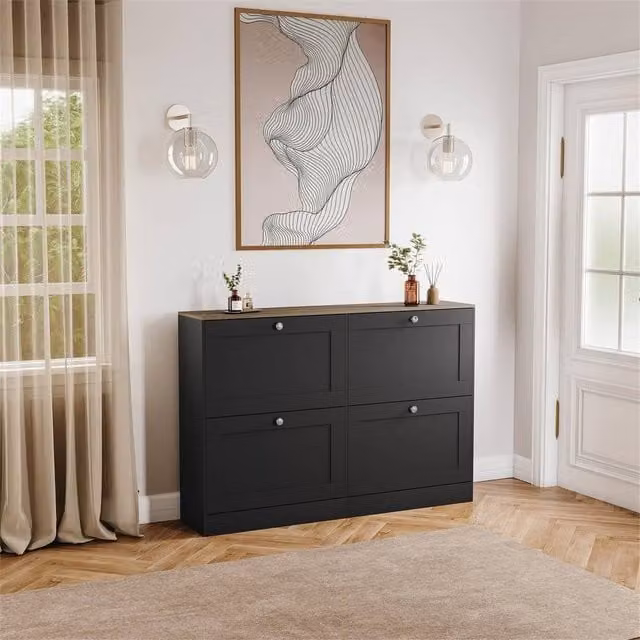 SPETLEK Black Oak 4 Tier Shoe Cabinet with Doors and Drawers – 1