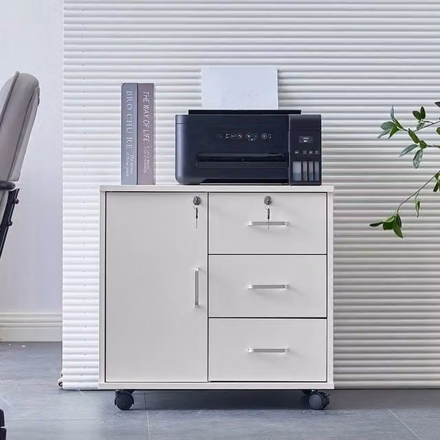 FORGEVIO Office Filing Cabinet and Printer Stand with Storage Drawers and Wheels in White – 1