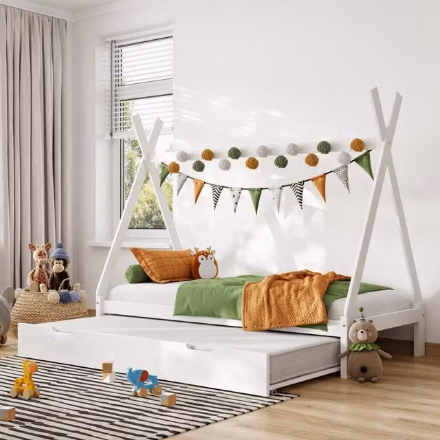 Flair White Lacquered Solid Pine Childrens House Frame Tent Bed