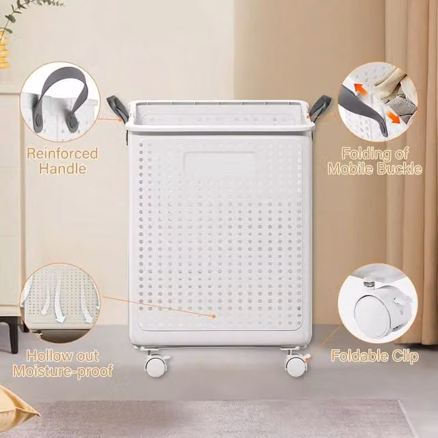 EONLION White Foldable Laundry Hamper with Wheels, 42L Capacity