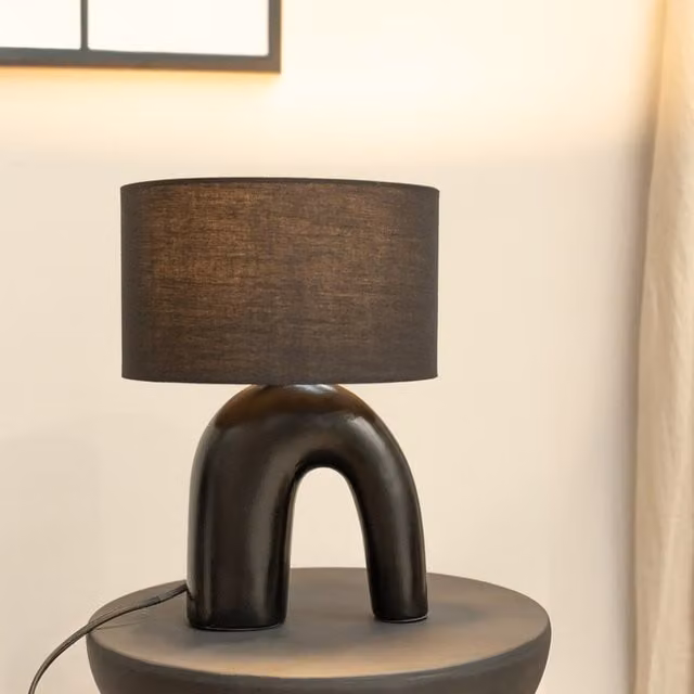 ValueLights Lia Abstract Arch Ceramic Table Lamp with Fabric Drum Shade and LED Bulb, Black