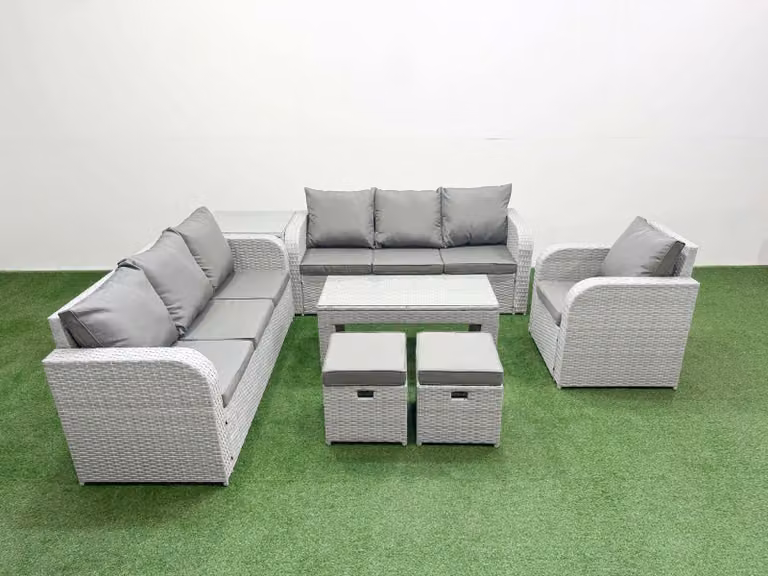 Fimous 9 Seater Poly Rattan Outdoor Garden Furniture Set in Grey with Oblong Coffee Table, 3 Seater Sofas, Reclining Chairs, Stools and Ottoman