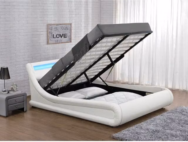 Home Detail Galaxy White Upholstered Double Ottoman Bed with LED Under-Bed Lighting and Lift-Up Base, 140 x 200 cm