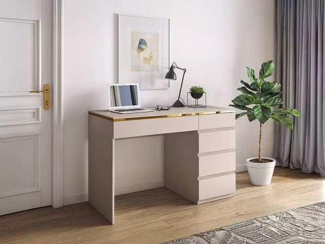 VUKIA Vente-unique Modern Writing Desk with 5 Drawers in Beige and Gold