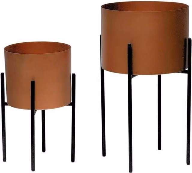 FLAVORA Set of 2 Round Metal Tabletop Planters with Reversible Black and Bronze Stands – 1