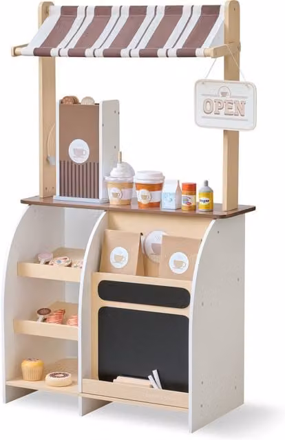 Teamson Kids Wooden Coffee Stand Playset with Espresso Machine and 29 Accessories in Brown and Multicolour