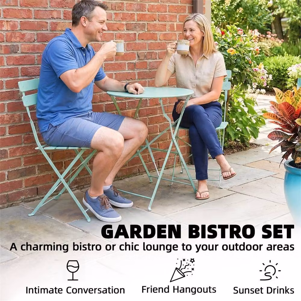 Outsunny Green Metal Folding Garden Bistro Set with Round Table and 2 Chairs – 3