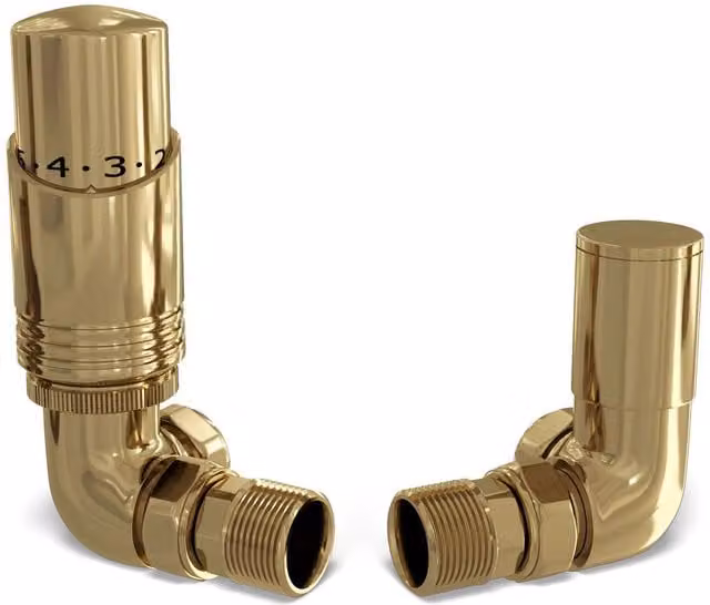 UK Radiators Talus Bold Polished Brass Thermostatic Radiator Valve and Lockshield Angled Set