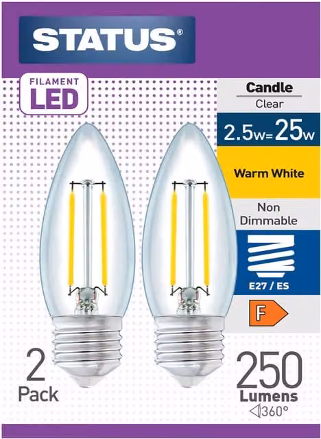 Status Pack of 2 Warm White Vintage Filament LED Clear Candle Bulbs with E27 Edison Screw