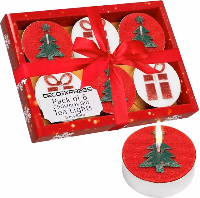 Deco Express Christmas Multicolour Tealights, 6 Piece Pack with 6 Hour Burn Time – 1