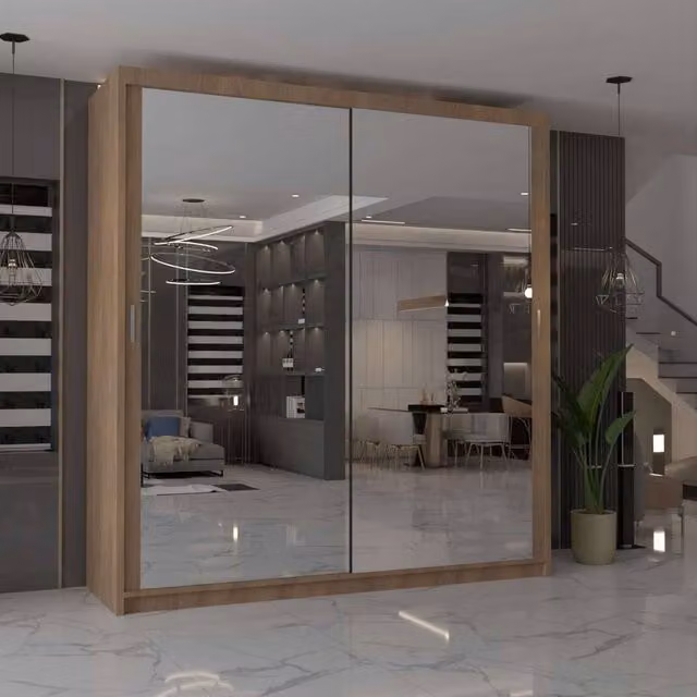MN Furniture Cuba Sliding Mirror Wardrobe with Integrated LED Lighting, Brown, W: 100 cm, H: 217 cm – 1