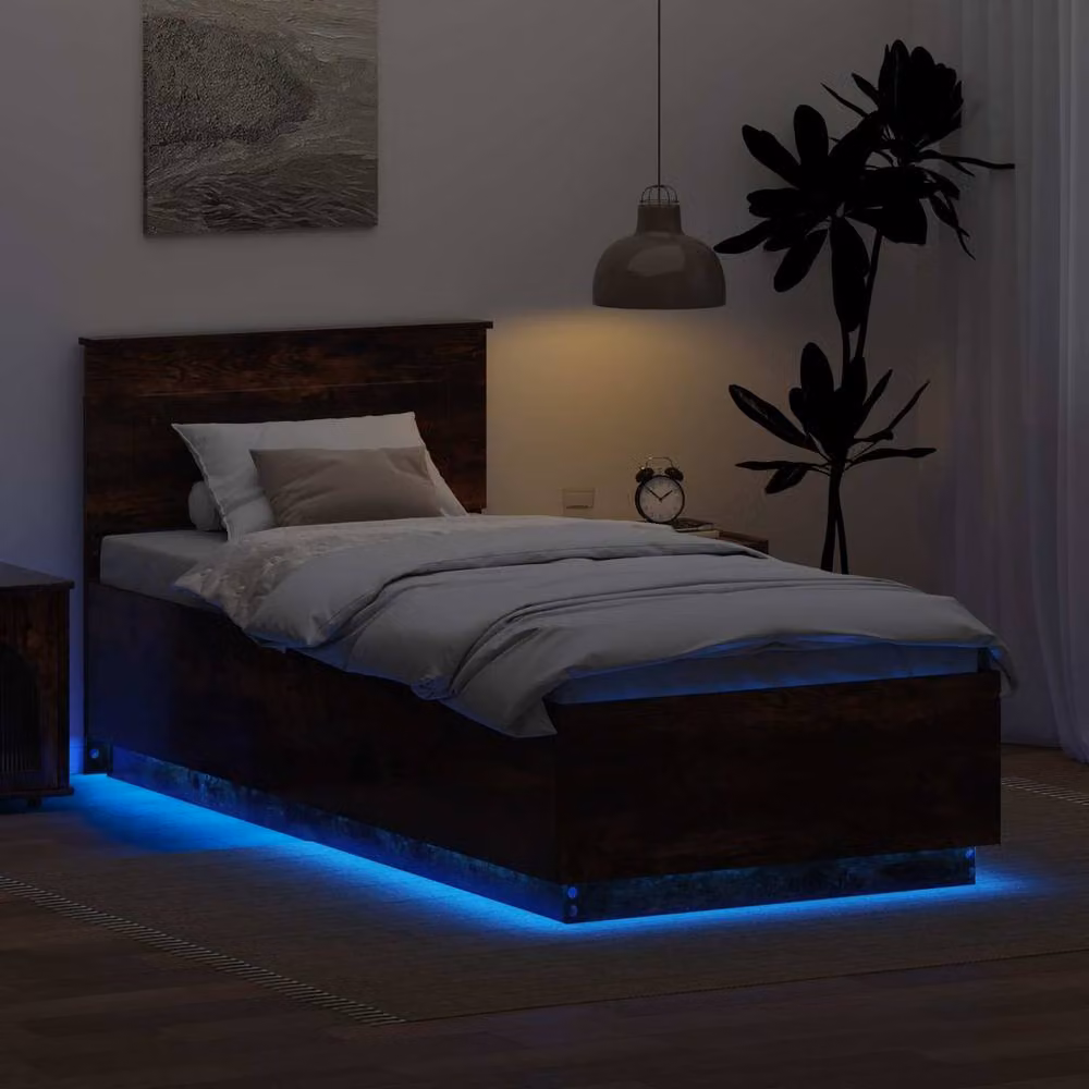 Berkfield Home Modern Smoked Oak Bed Frame in Brown with Under-Bed Lighting and USB Charging Port, W/D/H: 100 x 200 cm – 4