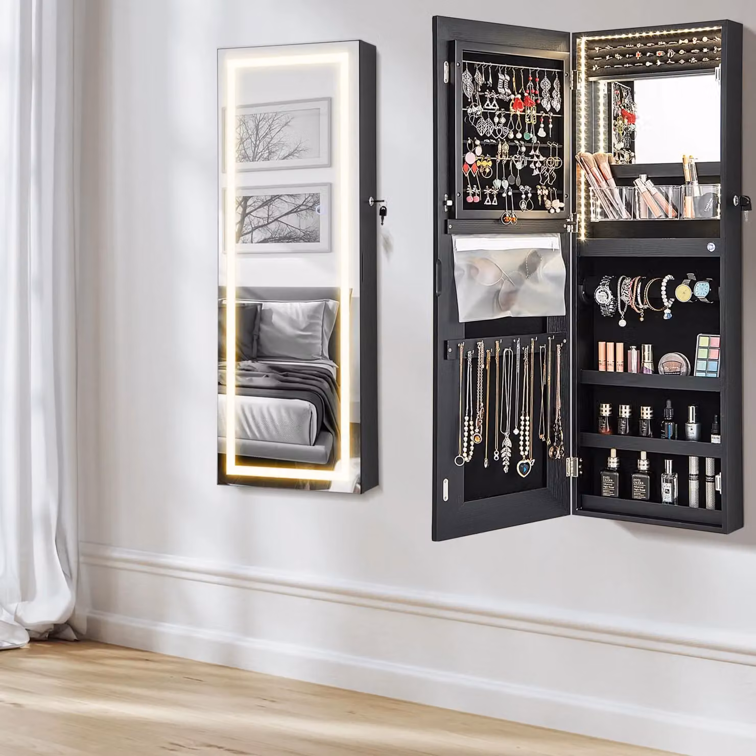 Costway Lockable Jewelry Mirror Cabinet with 3-Colour LED Lighting, Black, Height: 108 cm – 5