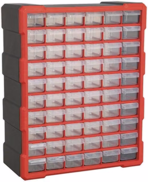 Loops 60 Drawer Parts Cabinet, Red, Wall Mounted or Standing, W: 38.0 cm, D: 16.0 cm, H: 47.5 cm