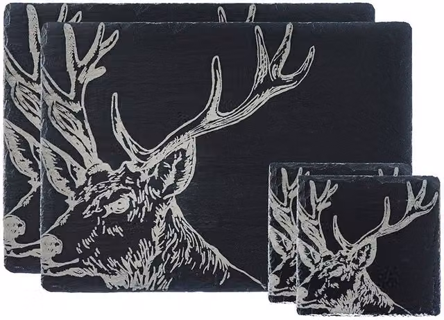 Selbrae House Stag Slate Coaster and Place Mat Set in Black – 3
