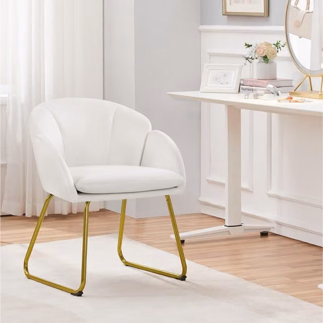 Yaheetech White Velvet Flower Shape Accent Chair with Gold Details