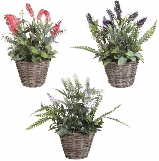 Strights Multicolour Artificial Lavender in a Round Rattan Wicker Tabletop Planter