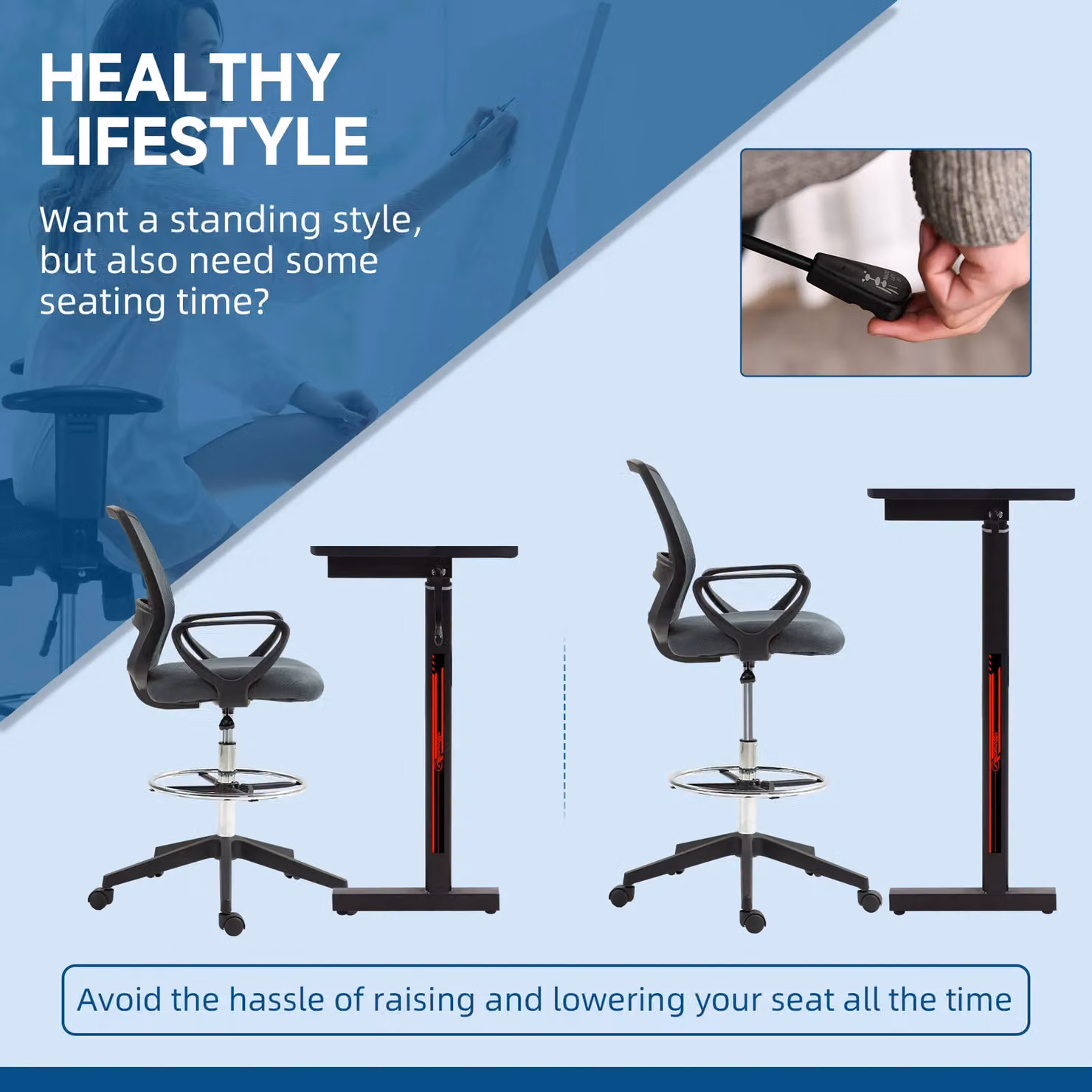 Vinsetto Grey Fabric Drafting Chair with Metal Foot Ring and Adjustable Height – 3