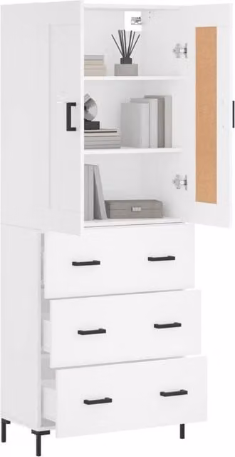 Berkfield Home Modern White Highboard with Hinged Doors and Internal Shelves, W/D/H: 69.5 x 34 x 180 cm