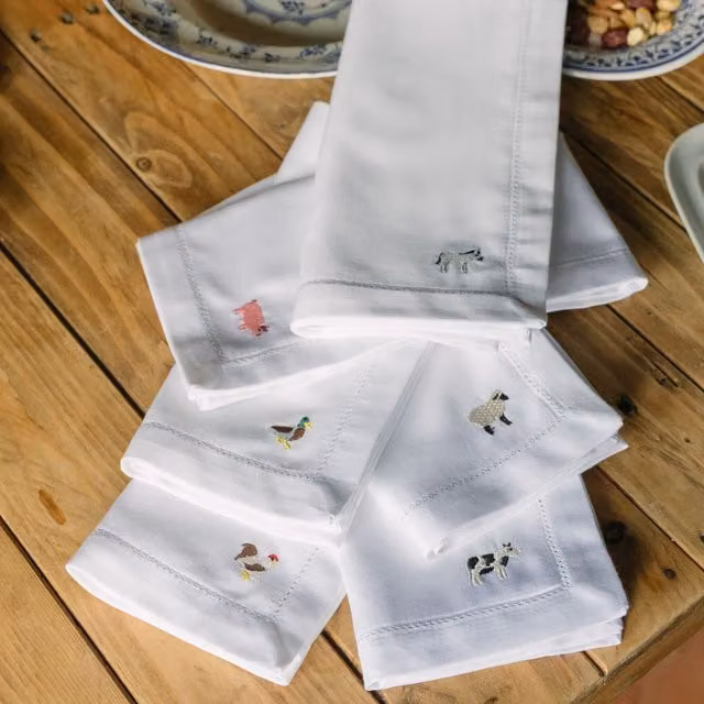 Mafra White Linen Rustic Napkin and Placemat Set with Embroidered Farm Animals