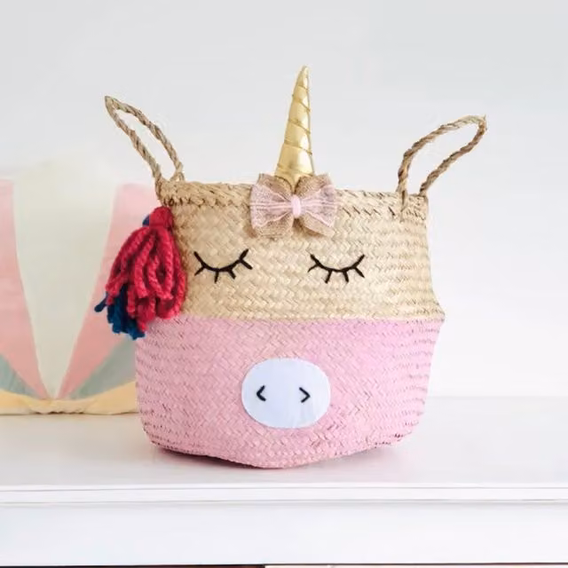 Bellybambino Large Unicorn Seagrass Basket in Pink and Multicolour – 1